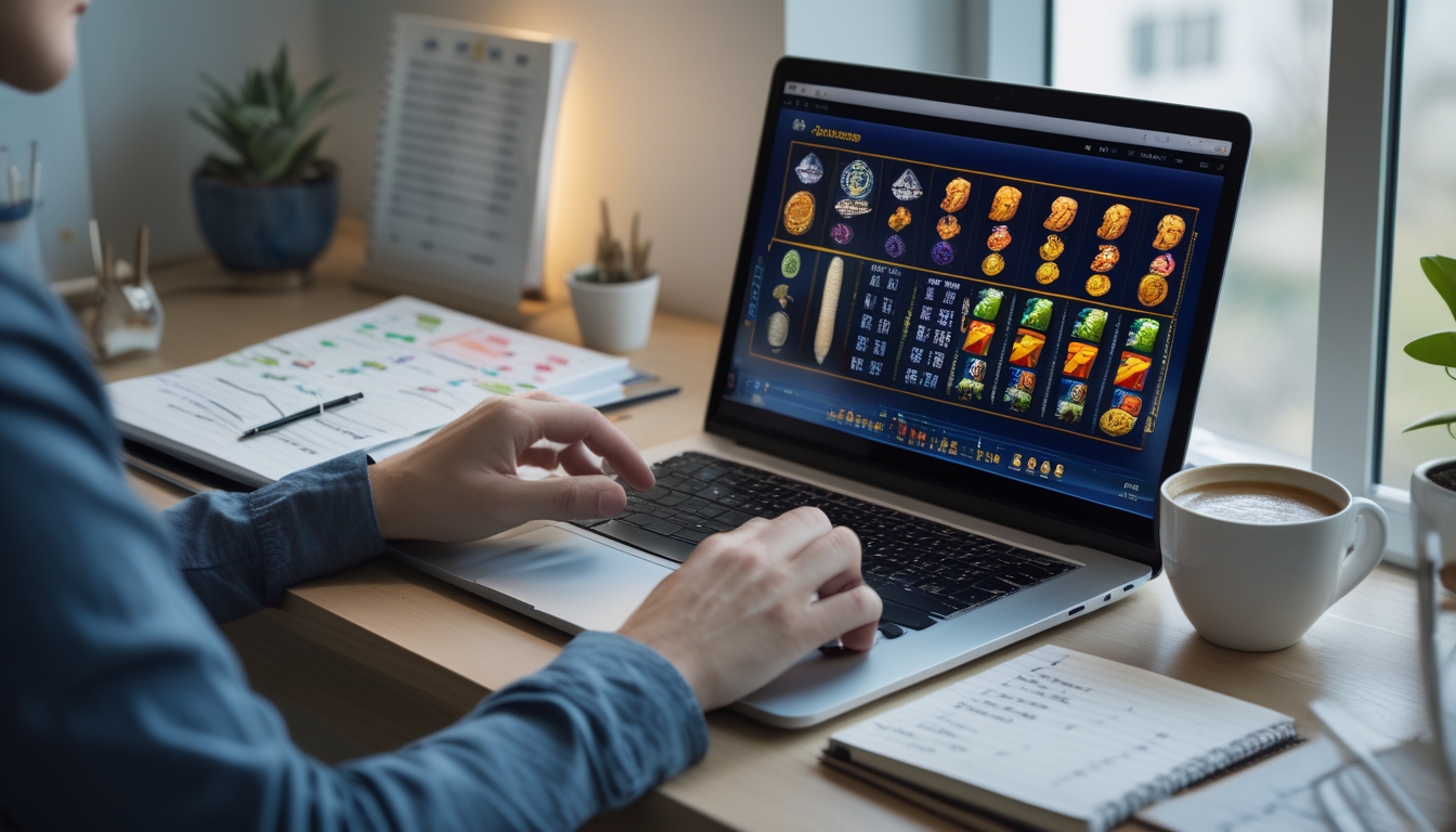 Seseorang sedang bermain slot online di laptop dengan catatan strategi dan grafik di meja kerja yang rapi.
