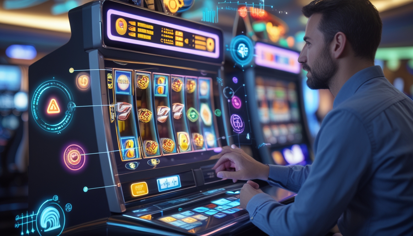 Seorang pemain dewasa sedang fokus bermain mesin slot modern dengan latar belakang elemen digital seperti grafik dan ikon strategi.