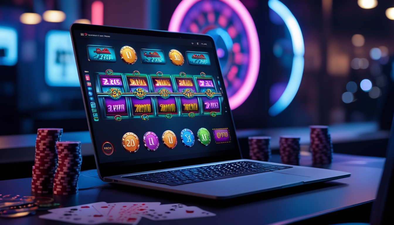 Seorang pemain menggunakan komputer dengan tampilan mesin slot berwarna-warni di malam hari di sebuah ruangan dengan pencahayaan neon dan suasana kasino.