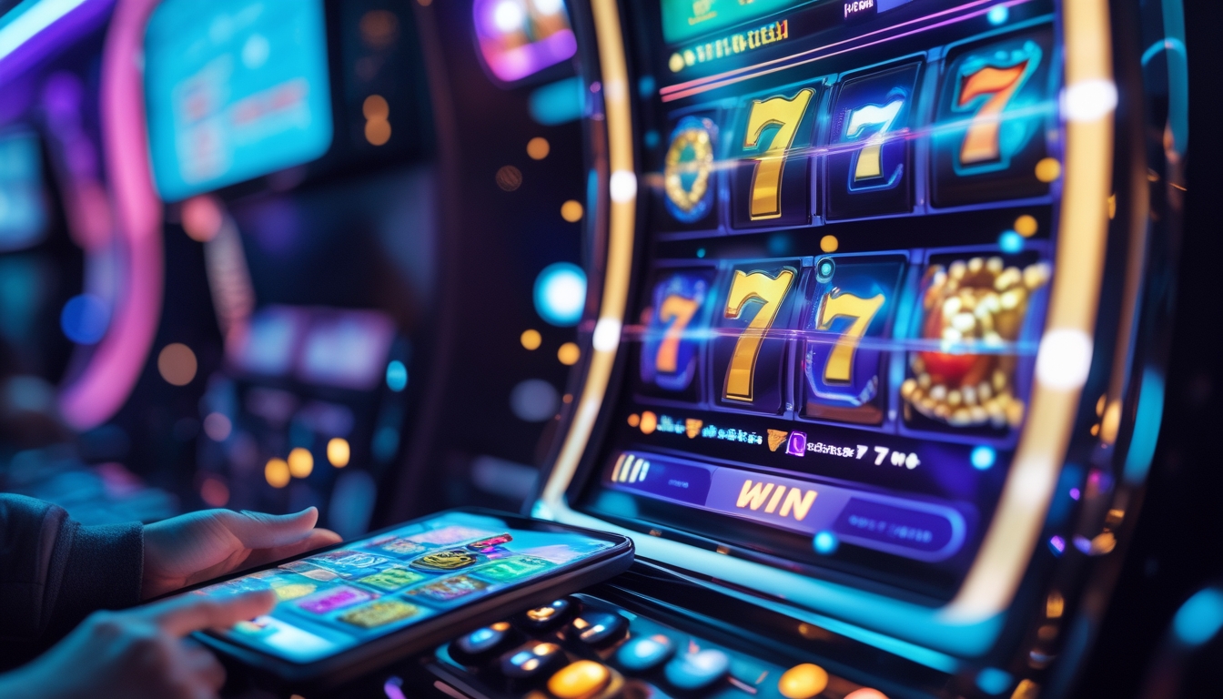 Sebuah mesin slot online modern dengan layar berwarna cerah dan tangan yang sedang menggunakan ponsel untuk bermain slot di suasana kasino yang remang-remang.