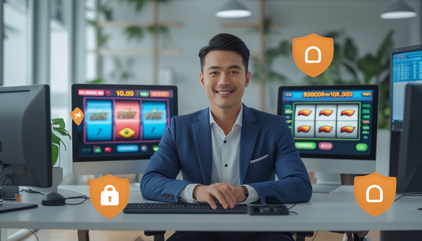 Seorang pria Asia Tenggara duduk di meja kerja dengan beberapa layar komputer menampilkan permainan slot dan ikon keamanan digital di kantor modern.
