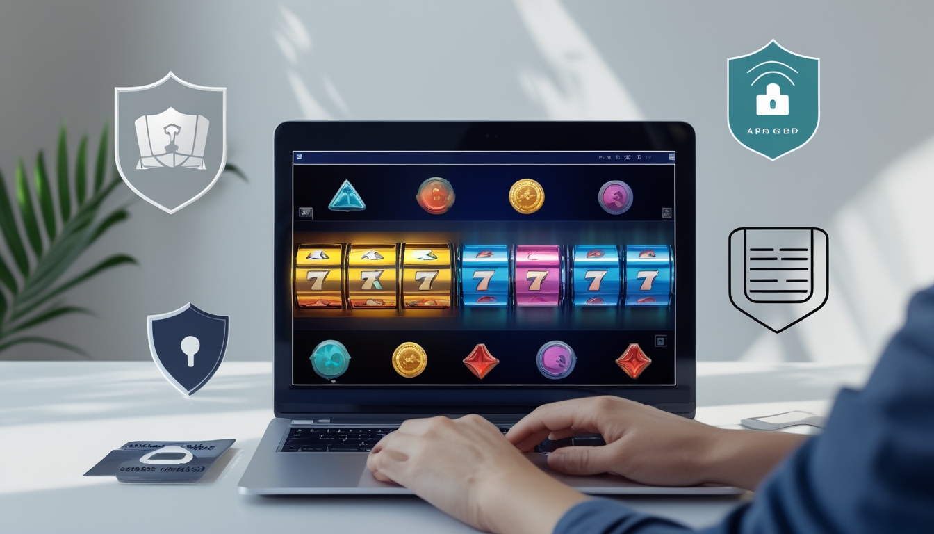 Seorang pengguna sedang menggunakan laptop yang menampilkan permainan slot online dengan ikon keamanan di sekitar, di meja kerja yang rapi.