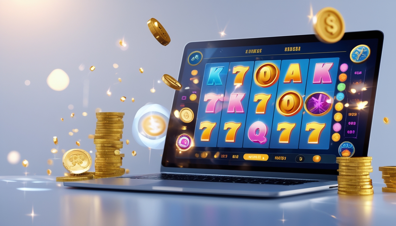 Seseorang bermain mesin slot online di komputer dengan koin dan simbol hadiah di sekitar layar.