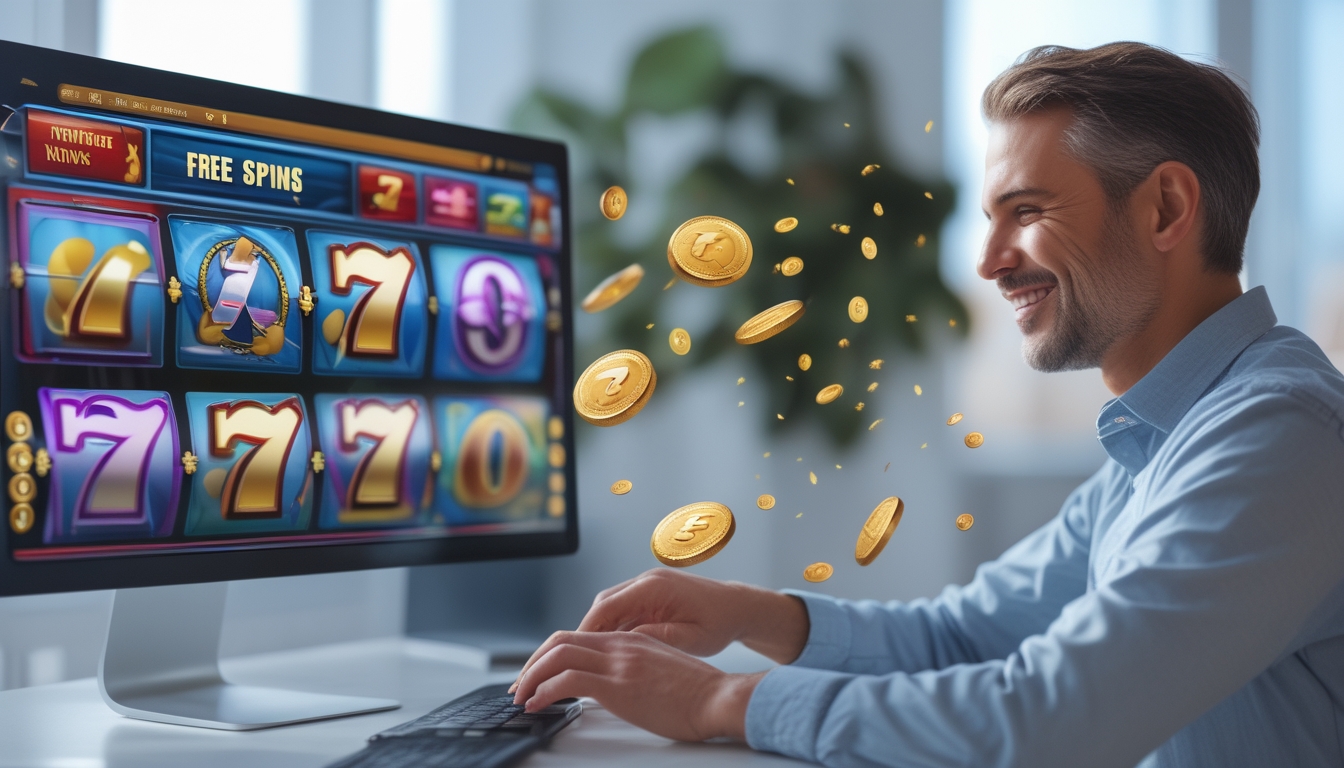 Seseorang sedang bermain permainan slot online di komputer dengan layar menampilkan gulungan warna-warni dan simbol kemenangan.