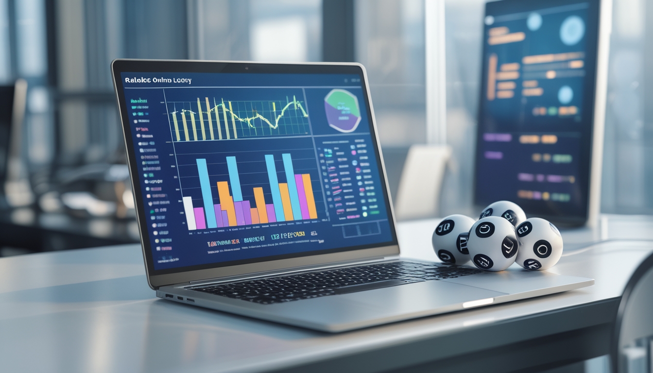 Meja kerja modern dengan laptop yang menampilkan grafik statistik dan bola lotere bernomor di sampingnya.