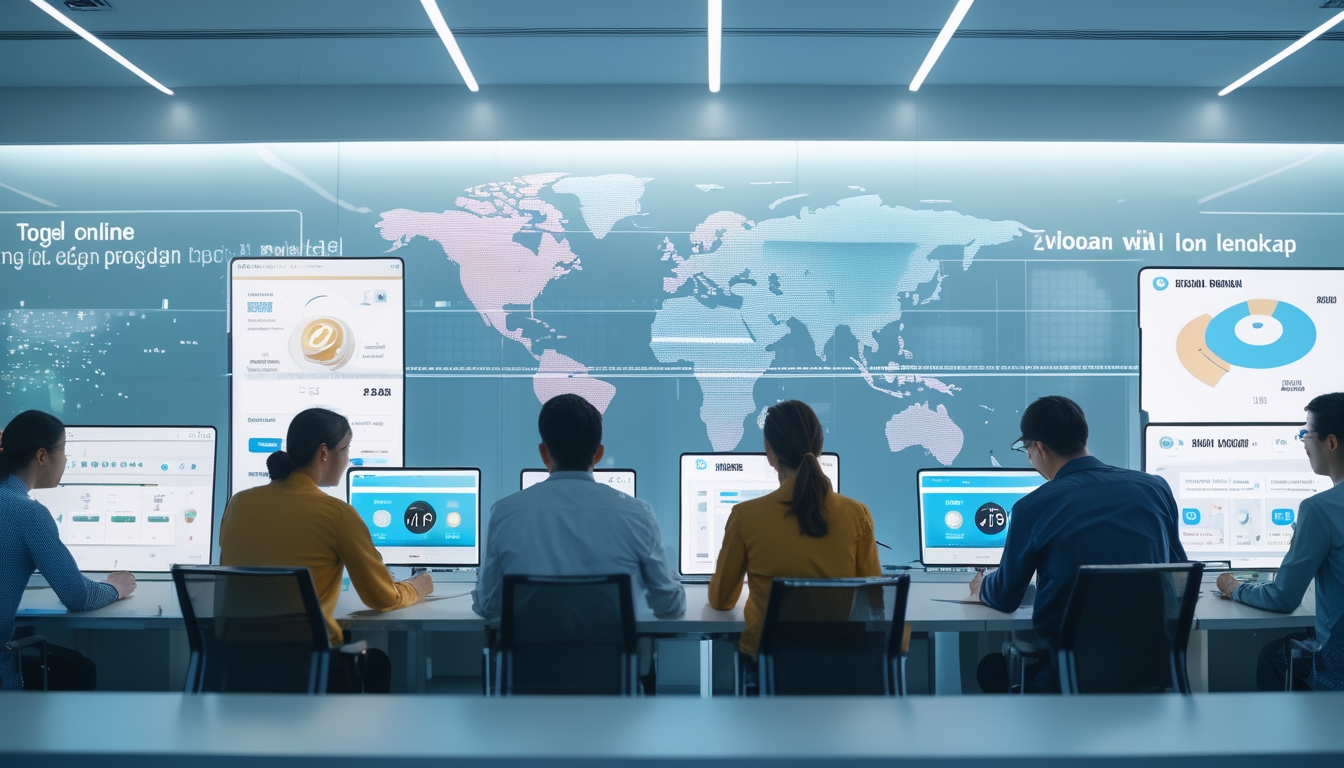 Orang-orang menggunakan perangkat digital di ruang kantor modern dengan peta dunia dan data pasar global di layar.