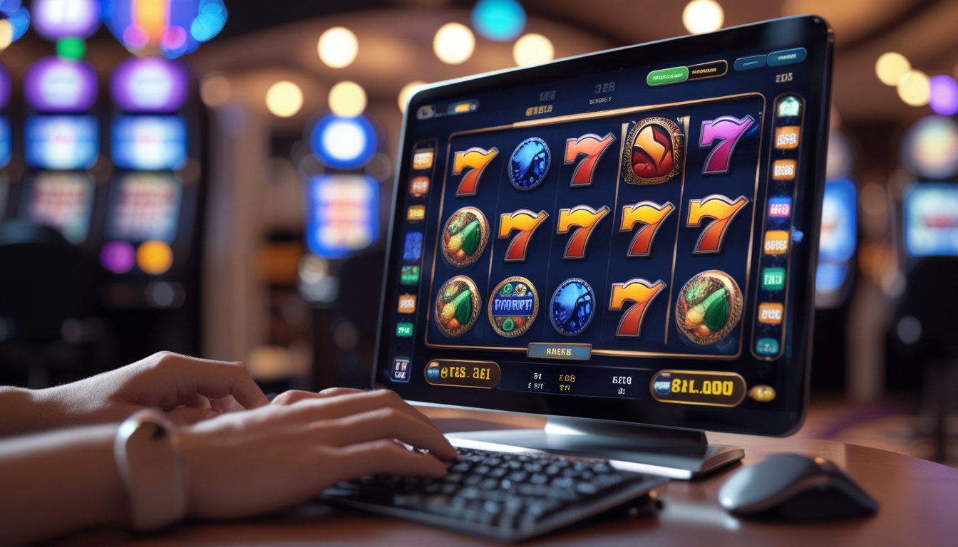 Seorang pemain sedang bermain slot online di depan komputer dengan layar menampilkan gulungan mesin slot berwarna cerah di dalam suasana kasino.