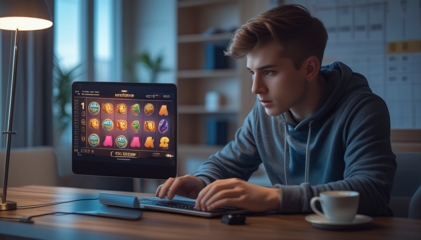 Seseorang sedang fokus bermain slot online di laptop di ruangan dengan pencahayaan hangat dan jam digital di latar belakang.