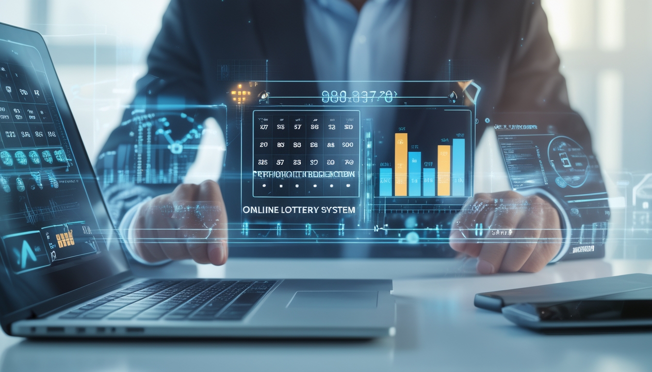Seseorang sedang menggunakan laptop di ruang kerja modern dengan grafik data dan angka yang melayang di sekitar layar.