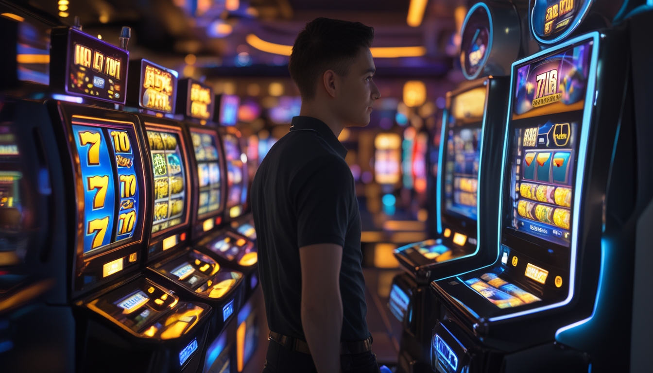 Seorang pemain sedang melihat dua mesin slot online yang berbeda, satu dengan warna cerah dan simbol kemenangan, satu lagi dengan warna lebih redup dan simbol sedikit, menggambarkan perbedaan RTP tinggi dan rendah.