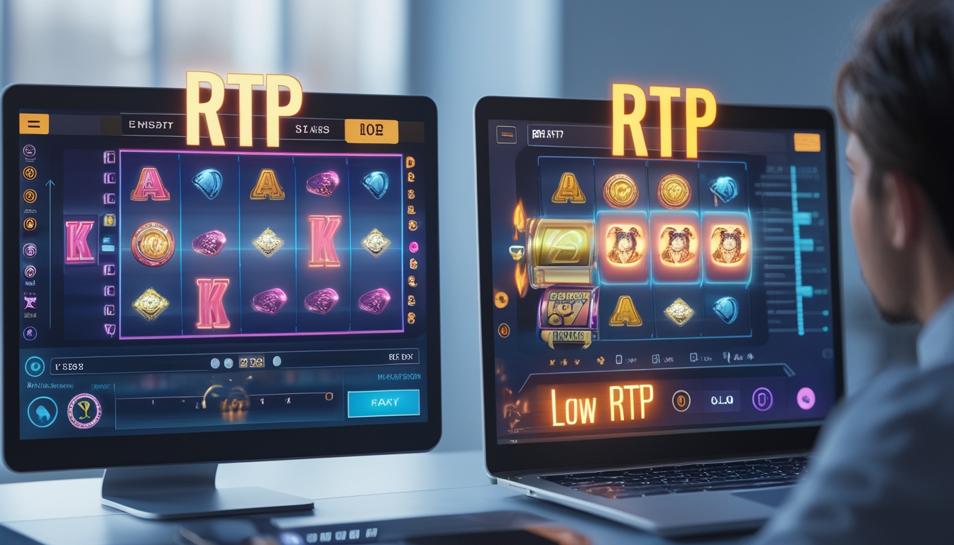 Seorang pemain sedang melihat dua layar mesin slot online dengan perbedaan tingkat RTP, satu menunjukkan kemenangan lebih banyak dan yang lain lebih sedikit, di sebuah ruang kerja modern.