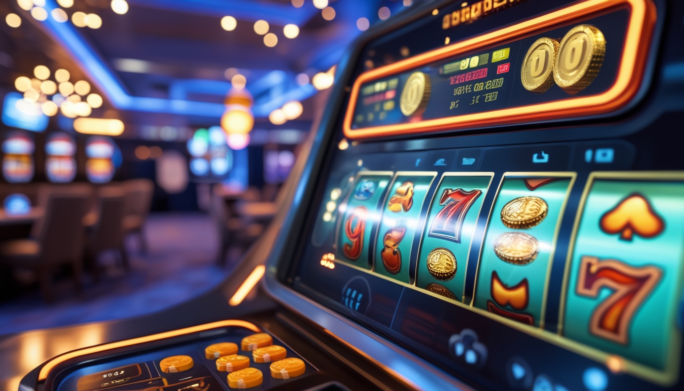 Tampilan dekat mesin slot digital berwarna-warni di layar komputer dengan latar belakang ruangan bergaya kasino yang terang dan menarik.