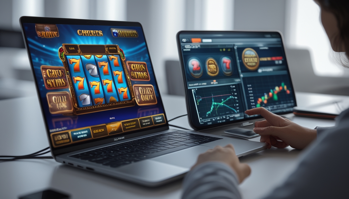 Seseorang sedang melihat layar komputer dan tablet yang menampilkan permainan slot online dan grafik peluang menang.