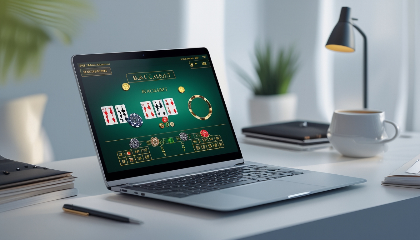 Seorang pemain menggunakan laptop di meja yang rapi dengan permainan baccarat online terlihat di layar, dikelilingi oleh chip dan alat tulis.