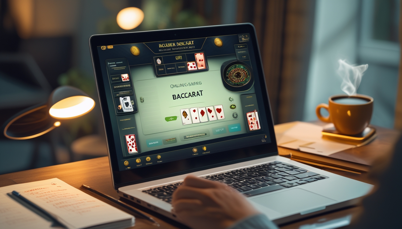 Seseorang sedang bermain baccarat online di laptop dengan catatan dan cangkir kopi di meja.