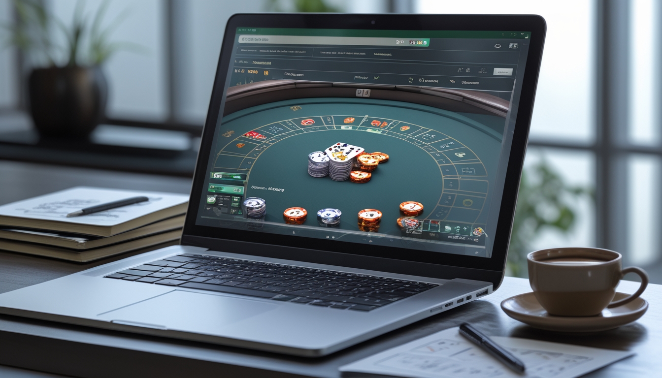 Seorang pemain menggunakan laptop untuk bermain baccarat online dengan catatan dan chip di meja, menunjukkan suasana fokus dan strategi permainan.