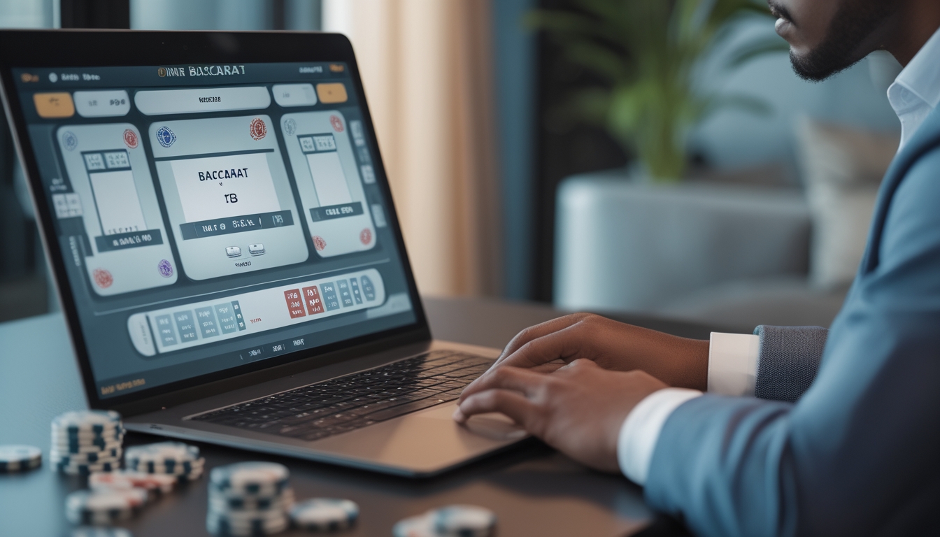 Seorang profesional sedang fokus bermain permainan baccarat online di depan komputer di ruangan modern.