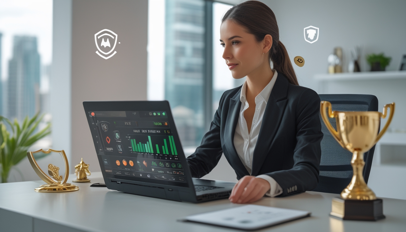 Seorang wanita profesional duduk di meja kantor modern sambil melihat layar laptop dengan tampilan permainan baccarat online dan grafik statistik.
