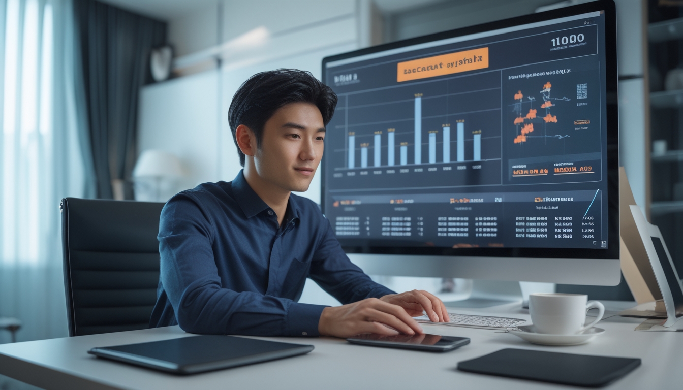 Seorang pria muda duduk di meja dengan komputer, fokus menganalisis data terkait permainan baccarat online.