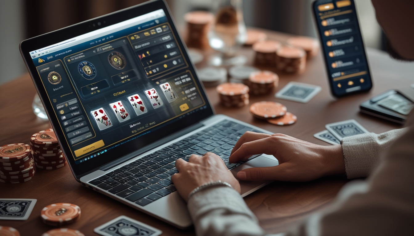 Seseorang bermain baccarat online di laptop dengan kartu dan chip kasino di sekitar meja.
