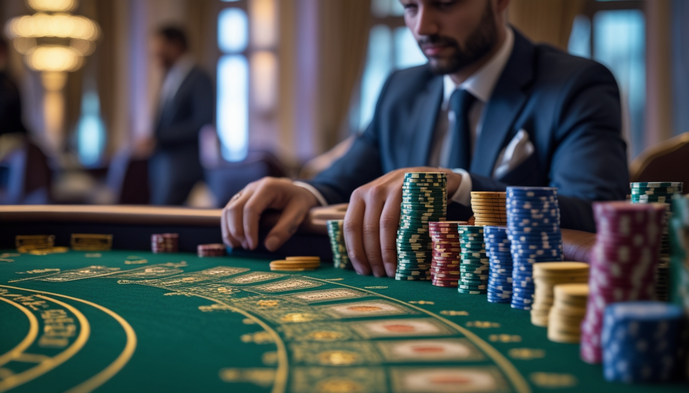 Meja baccarat dengan kartu dan chip tertata rapi, seorang pemain fokus memikirkan langkah berikutnya di kasino.