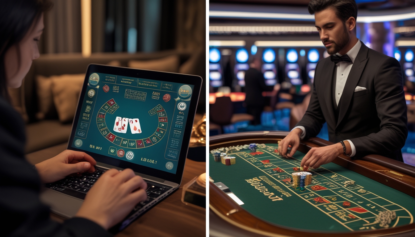 Seseorang bermain baccarat online di rumah menggunakan laptop di sebelah kiri, dan suasana kasino dengan meja baccarat dan dealer di sebelah kanan.
