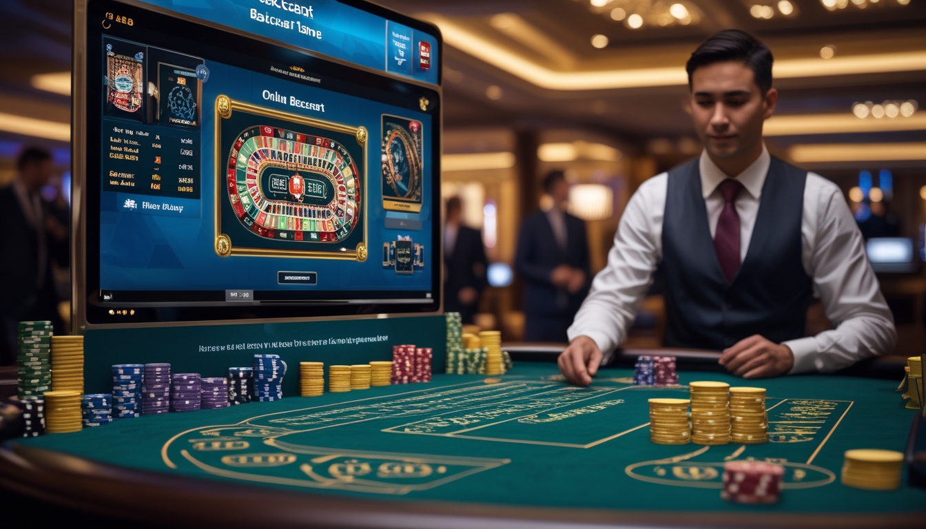 Meja baccarat di kasino dengan dealer langsung dan layar permainan baccarat online, menampilkan suasana permainan kasino yang modern dan elegan.
