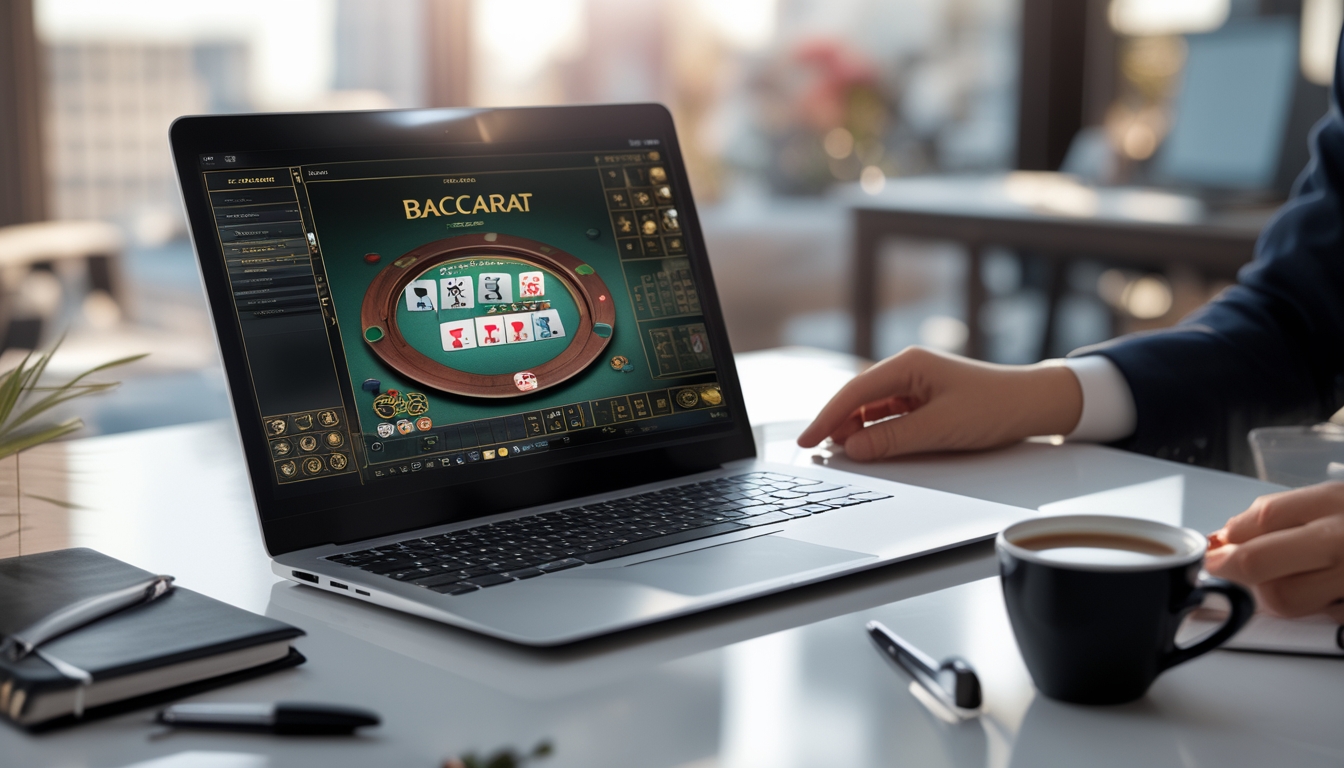 Seorang pemain profesional sedang bermain baccarat online di depan laptop dengan kartu dan chip terlihat, dikelilingi oleh alat tulis dan secangkir kopi.