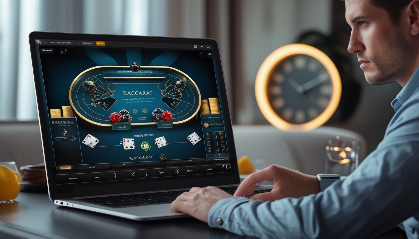 Seorang pemain yang fokus bermain baccarat online di depan layar komputer dengan kartu dan chip taruhan terlihat jelas.