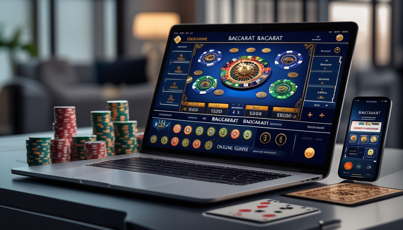 Sebuah laptop menampilkan permainan baccarat online dengan kartu dan chip poker di meja yang rapi.