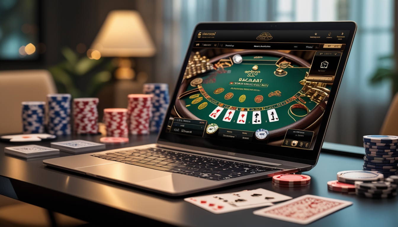 Seorang pengguna sedang bermain baccarat online dengan laptop, kartu, dan chip poker di atas meja yang rapi.