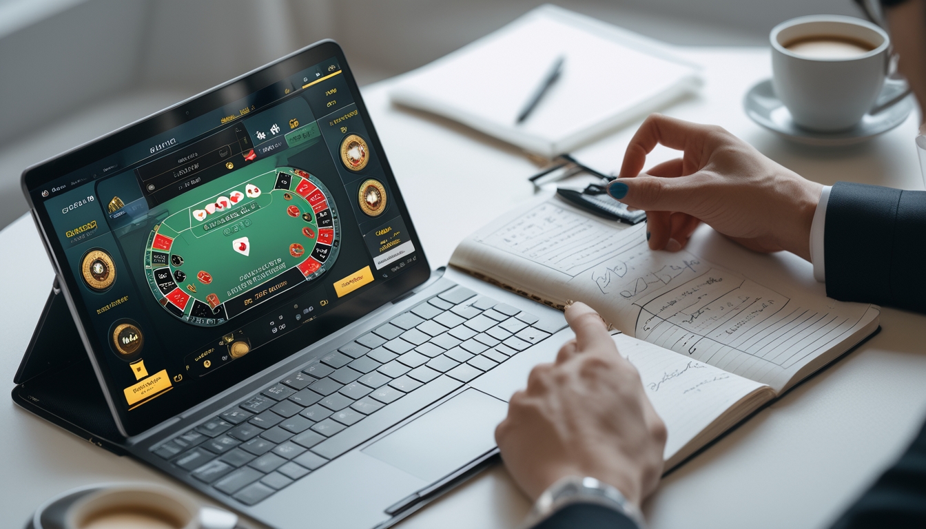Seorang pemain sedang menganalisis pola dan prediksi dalam permainan baccarat online menggunakan laptop dan catatan di meja kerja.