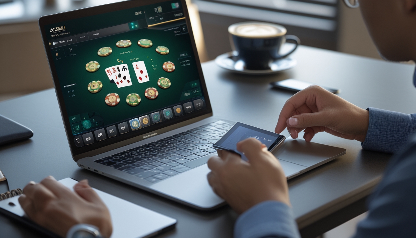 Seorang pemain baccarat online menggunakan komputer dan mencatat pola permainan di ruang kerja modern.