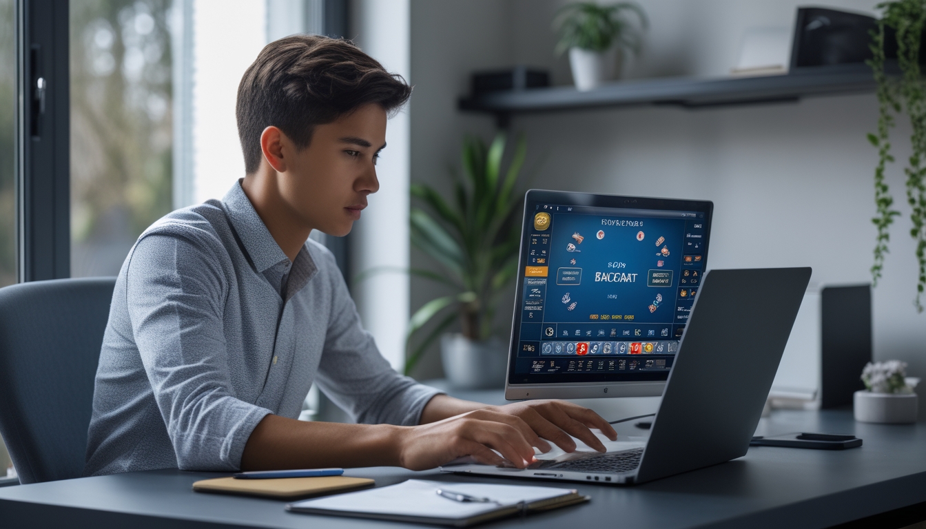 Seorang pemain baccarat online sedang duduk di meja dengan laptop terbuka, tampak fokus dan serius dalam bermain game baccarat.