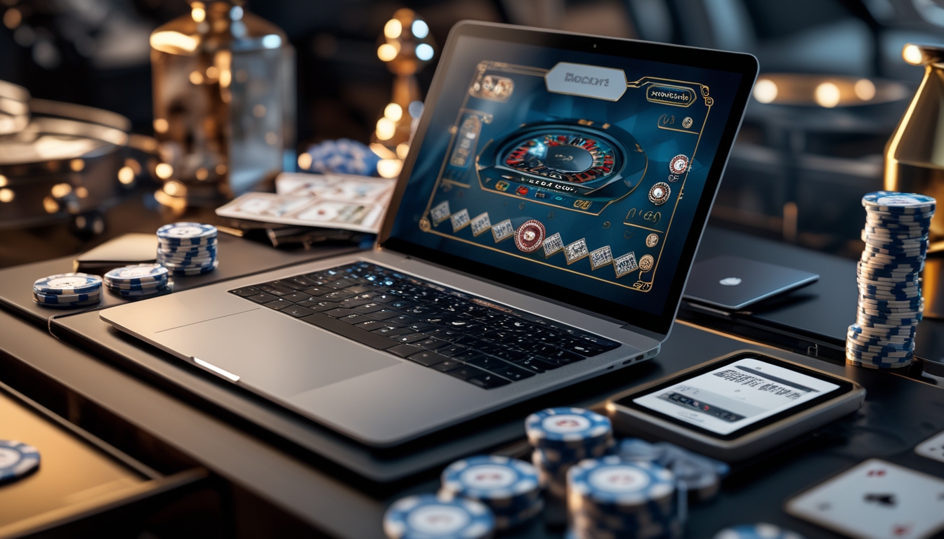 Seorang pria menggunakan laptop dengan tampilan permainan baccarat online, dikelilingi oleh chip poker dan kartu remi di meja.