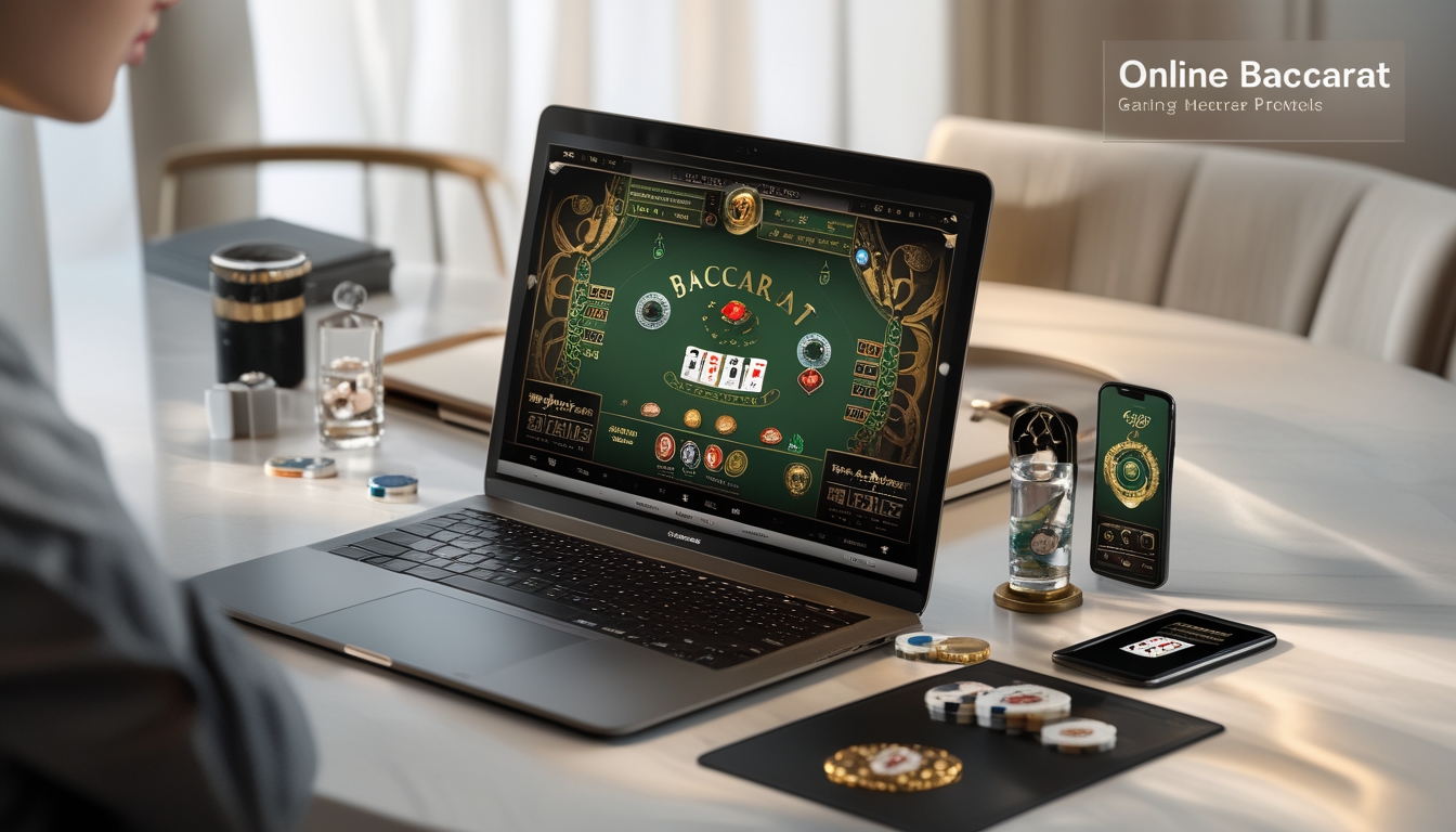 Sebuah laptop dan ponsel menampilkan permainan baccarat online dengan kartu dan chip di meja kerja yang rapi.