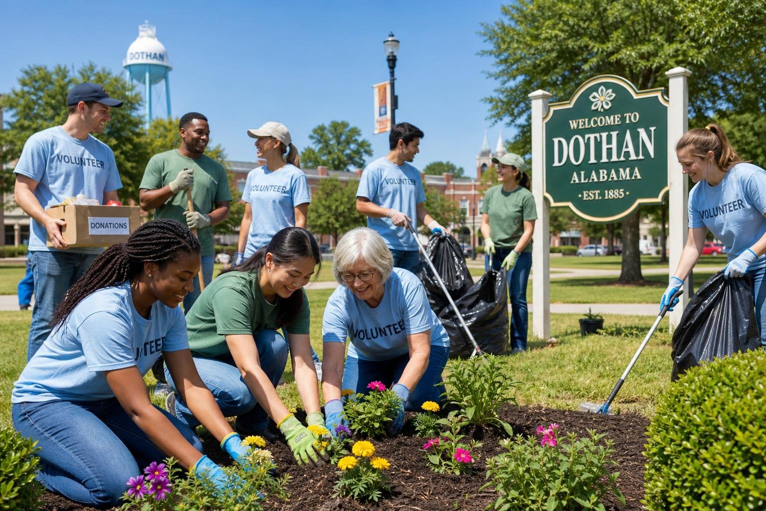 A diverse group of volunteers working together outdoors in a park, planting flowers and picking up litter.