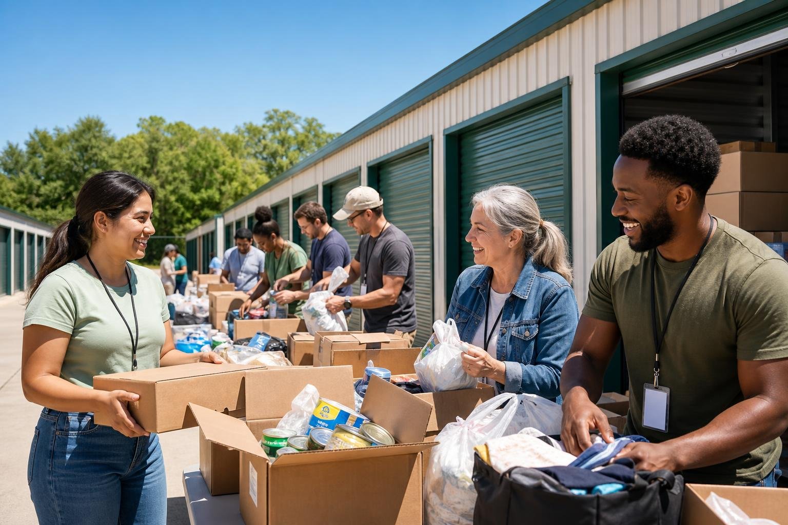 Volunteers organizing donated items near storage units at a clean, modern storage facility on a sunny day.