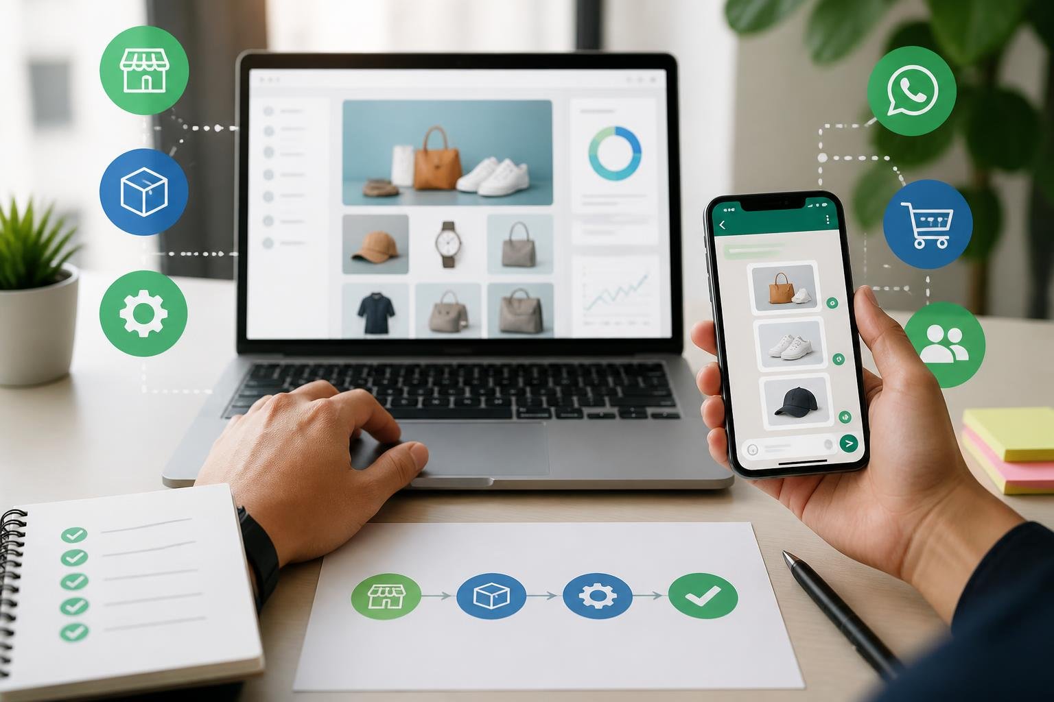Hands using a laptop and smartphone on a desk showing an online store setup and WhatsApp chat with product listings.