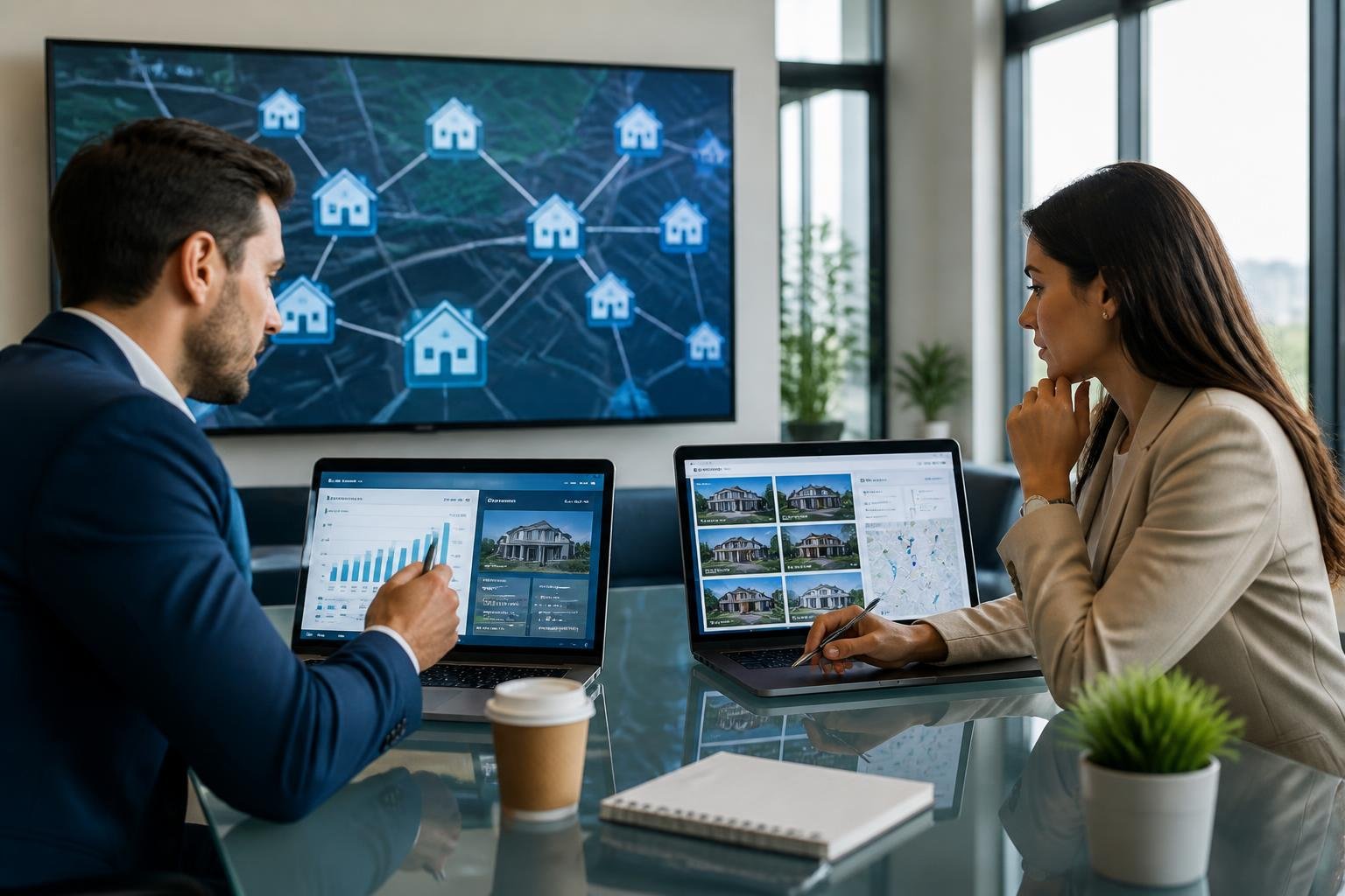 What Is the Difference Between MLS and IDX? A Friendly Guide for Real Estate Professionals What is the difference between MLS and IDX Two real estate agents are discussing property listings in a modern office with laptops and a digital map in the background.