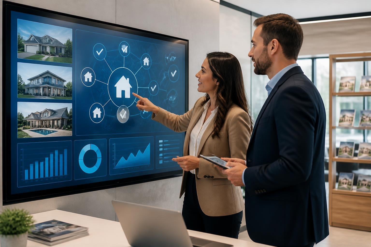 What Is the Difference Between MLS and IDX? A Friendly Guide for Real Estate Professionals Two real estate agents discussing property listings on a large digital touchscreen in a modern office.