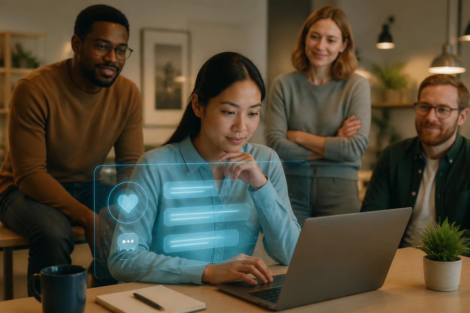 A person using a laptop with a calm expression while colleagues offer supportive looks in an office setting.