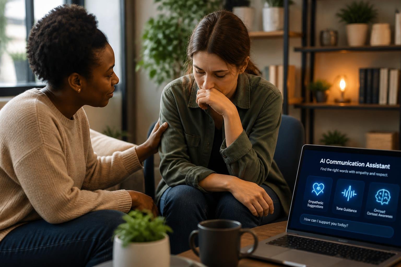 A group of people in an office, one person listens supportively to another while a laptop nearby displays an AI interface.