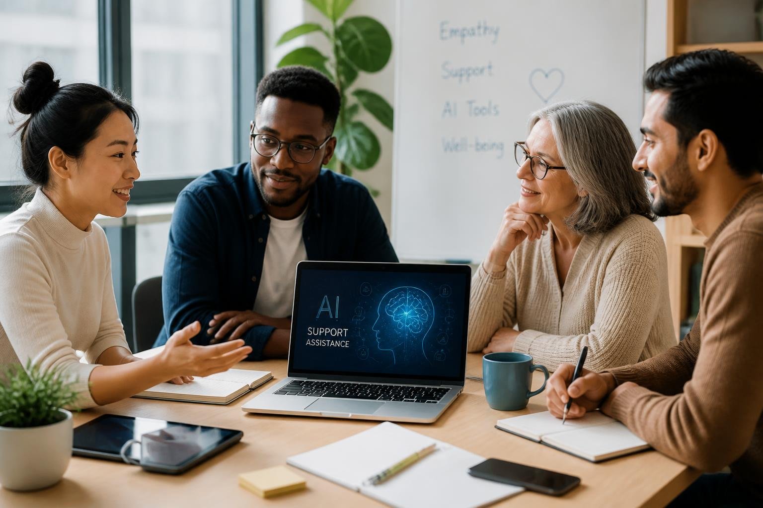 A diverse group of people collaborating around a laptop, discussing supportively in a bright office.