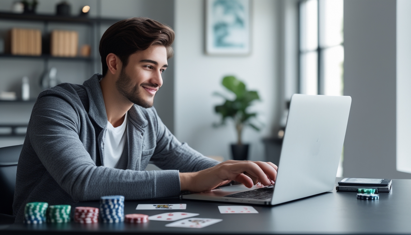 Seorang dewasa muda duduk di meja modern menggunakan laptop untuk bermain poker online dengan chip dan kartu di meja.