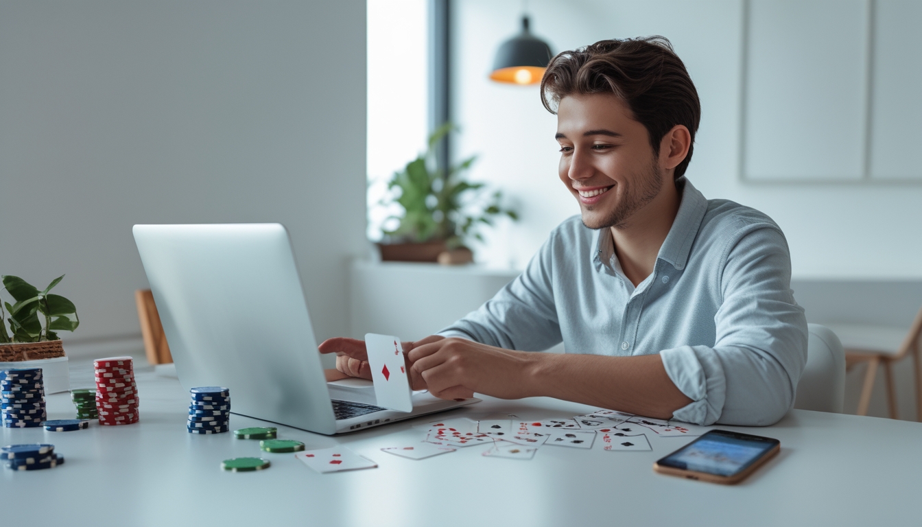 Seorang pemula duduk di meja dengan laptop, kartu poker, dan chip, belajar bermain poker online dengan fokus dan senang.