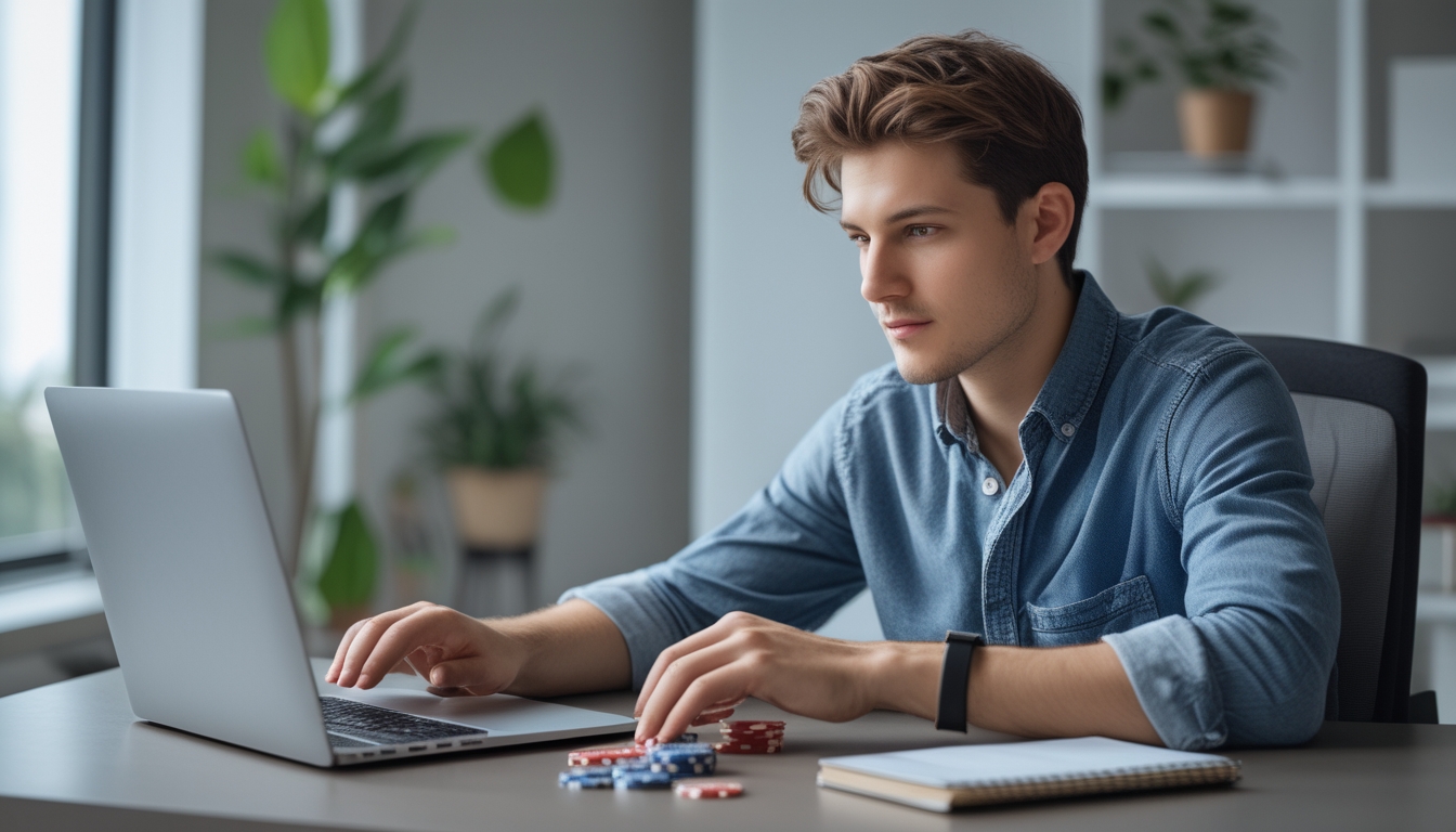 Seorang dewasa muda fokus bermain poker online di laptop dengan chip dan kartu poker di meja, di ruang tamu yang terang dan rapi.