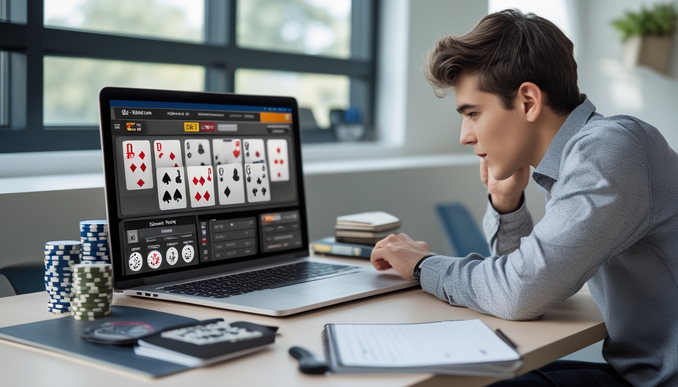 Seorang pemuda duduk di meja dengan laptop yang menampilkan permainan poker online, dikelilingi chip poker dan kartu remi, sedang belajar bermain poker.