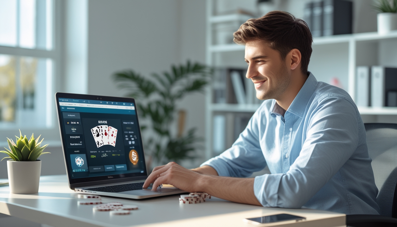 Seorang pria muda duduk di meja dengan laptop, chip poker, dan kartu bermain, tampak fokus bermain poker online di ruang kerja yang terang.