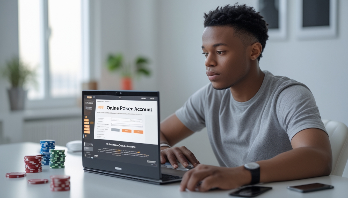 Seorang dewasa muda duduk di meja kerja modern, fokus pada layar laptop dengan halaman pendaftaran poker online, dikelilingi kartu remi dan chip poker.